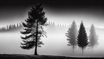 arbre silhouette dans brouillard sur foncé paysage terrain ,génératif ai photo