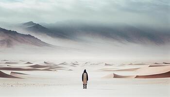 homme d'affaire permanent sur le sable dune surplombant paysage ,génératif ai photo