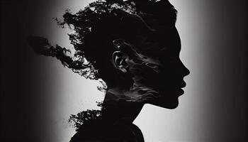 silhouette portrait de Jeune adulte femme à la recherche mystérieux ,génératif ai photo