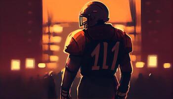 américain Football joueur dans le coucher du soleil scène ,génératif ai photo