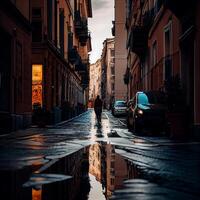 ville lumières réfléchir sur humide des rues à crépuscule ,génératif ai photo
