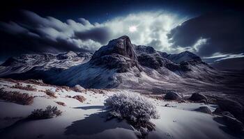 Montagne paysage couvert dans neige à nuit ,génératif ai photo