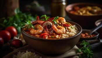 grillé Fruit de mer repas avec crevettes, langoustines, et Frais des légumes généré par ai photo