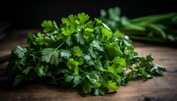 Frais vert herbes et des légumes garnir une en bonne santé gourmet repas génératif ai photo