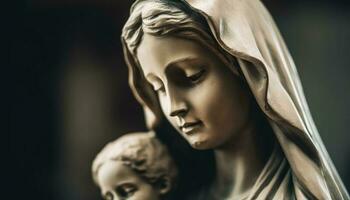 mère et enfant prier à statue de Dieu dans monochrome généré par ai photo