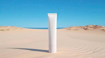 blanc Plastique bouteille sur sable. génératif ai photo