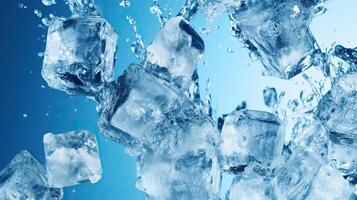 la glace cubes sur bleu Contexte. génératif ai photo