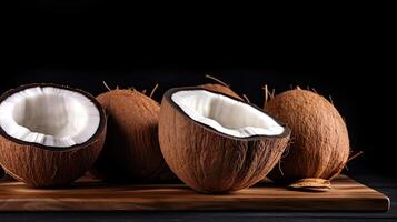 noix de coco pièces sur une en bois tableau. génératif ai photo