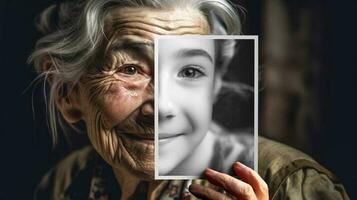 personnes âgées femme avec ridé peau portrait en portant une photo de se comme une Jeune fille avec parfait peau - génératif ai.