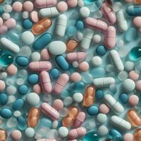 sans couture tuile aérien photo de une variété de ordonnance pilules et drogues - génératif ai.