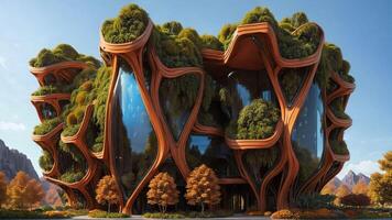 le ruche - science-fiction futuriste brutaliste architecture style bâtiment structure avec motif hexagonal et luxuriant végétation façade, dans nature, pendant un l'automne journée - génératif ai illustration photo
