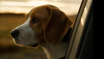 mignonne chiot séance dans voiture, à la recherche en plein air généré par ai photo