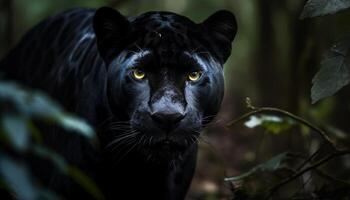 félin en regardant, proche en haut portrait de noir chat dans vert forêt généré par ai photo