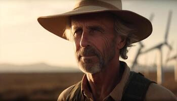 souriant agriculteur à la recherche à caméra dans le coucher du soleil généré par ai photo