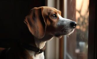 mignonne de race beagle chiot séance par le fenêtre généré par ai photo