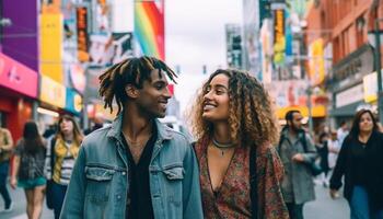 Jeune adultes marche, souriant, collage dans ville généré par ai photo