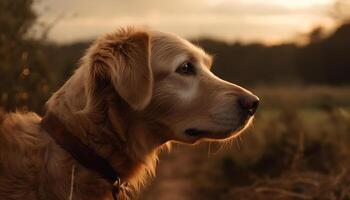 d'or retriever chiot séance dans prairie, espiègle généré par ai photo