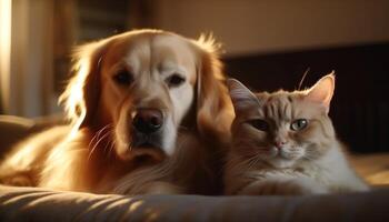 mignonne de race retriever et chaton partager oreiller généré par ai photo