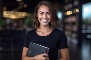 souriant femme en portant livre ai génératif photo