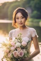 portrait une magnifique asiatique la mariée avec fleur bouquet ai génératif photo