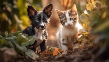 espiègle chiot et chaton prendre plaisir l'automne en plein air généré par ai photo