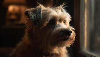 mignonne terrier chiot séance en plein air, à la recherche à caméra généré par ai photo