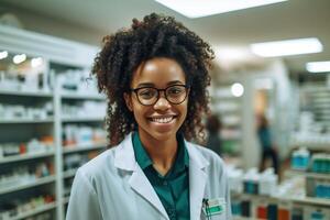 portrait une magnifique pharmacie officier souriant sur de soi ai génératif photo