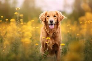 portrait chien sur le fleurs jardin avec lumière exposition ai génératif photo