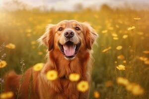 portrait chien sur le fleurs jardin avec lumière exposition ai génératif photo