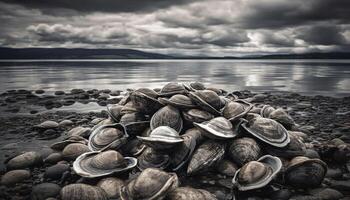 Frais Fruit de mer sur sablonneux plage, été félicité généré par ai photo