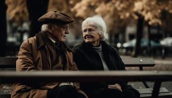 Sénior couple profiter l'automne journée sur banc ensemble généré par ai photo