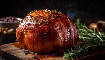 grillé porc filet sur rustique en bois table généré par ai photo