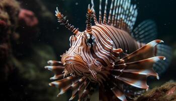 vibrant rayé poisson-lion nage dans tropical récif généré par ai photo