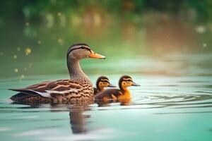 portrait colvert canards avec leur poussins sur le Lac avec lumière exposition ai génératif photo