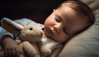 en train de dormir bébé garçon, entouré par jouets et nounours ours généré par ai photo