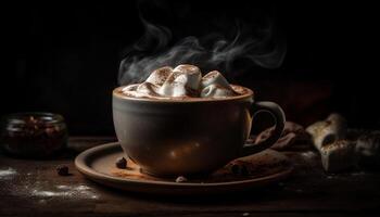 chaud Chocolat réchauffe en haut hiver avec sucré guimauve mousse généré par ai photo