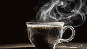 foncé café dans bois tasse, vapeur en hausse généré par ai photo