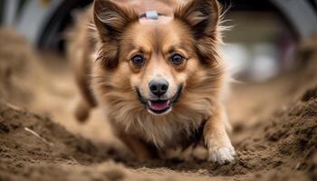 mignonne petit shetland chien de berger séance, à la recherche à caméra généré par ai photo