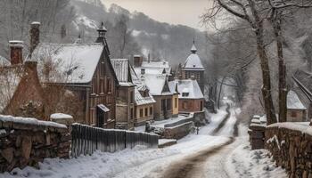 chapelle dans le neigeux forêt, tranquille hiver généré par ai photo