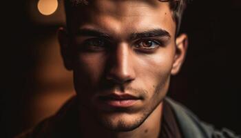 sur de soi Jeune homme avec marron cheveux souriant généré par ai photo