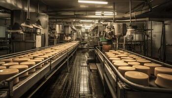 moderne nourriture En traitement usine, grand machinerie à l'intérieur généré par ai photo