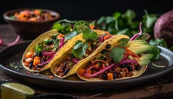 grillé du boeuf taco avec guacamole et coriandre généré par ai photo