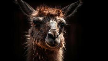 mignonne alpaga à la recherche à caméra dans Prairie généré par ai photo