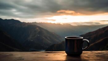 sirotant chaud café, admiratif Montagne de pointe lever du soleil généré par ai photo