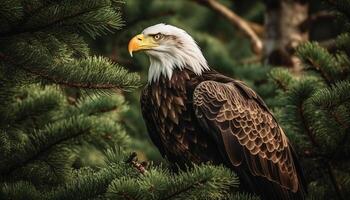majestueux chauve Aigle se percher sur pin arbre généré par ai photo