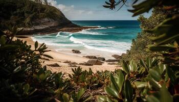 tranquille scène de paume des arbres et le surf généré par ai photo