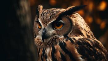 génial cornu hibou se percher sur bifurquer, regarder généré par ai photo