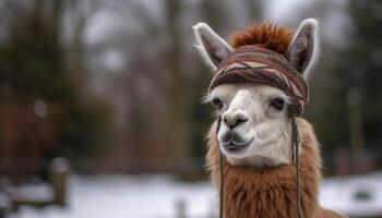 mignonne alpaga dans tricoter chapeau sourit pour caméra généré par ai photo