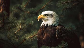 majestueux chauve Aigle se percher sur neigeux pin généré par ai photo