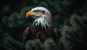 majestueux chauve Aigle se percher sur neigeux branche généré par ai photo